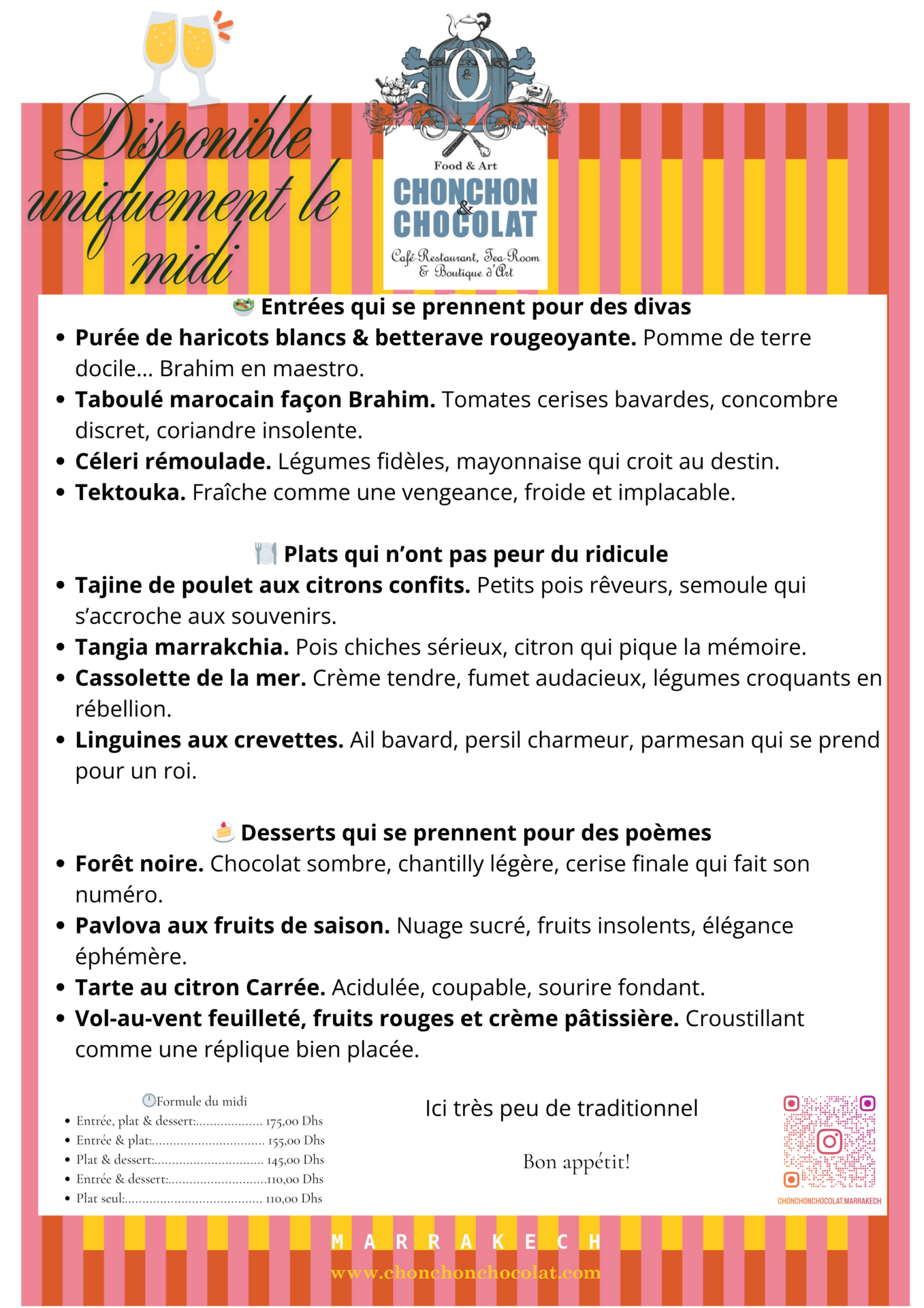 formule du menu du déjeuner du restaurant chonchon et chocolat de la semaine du mercredi 13 mai 2026